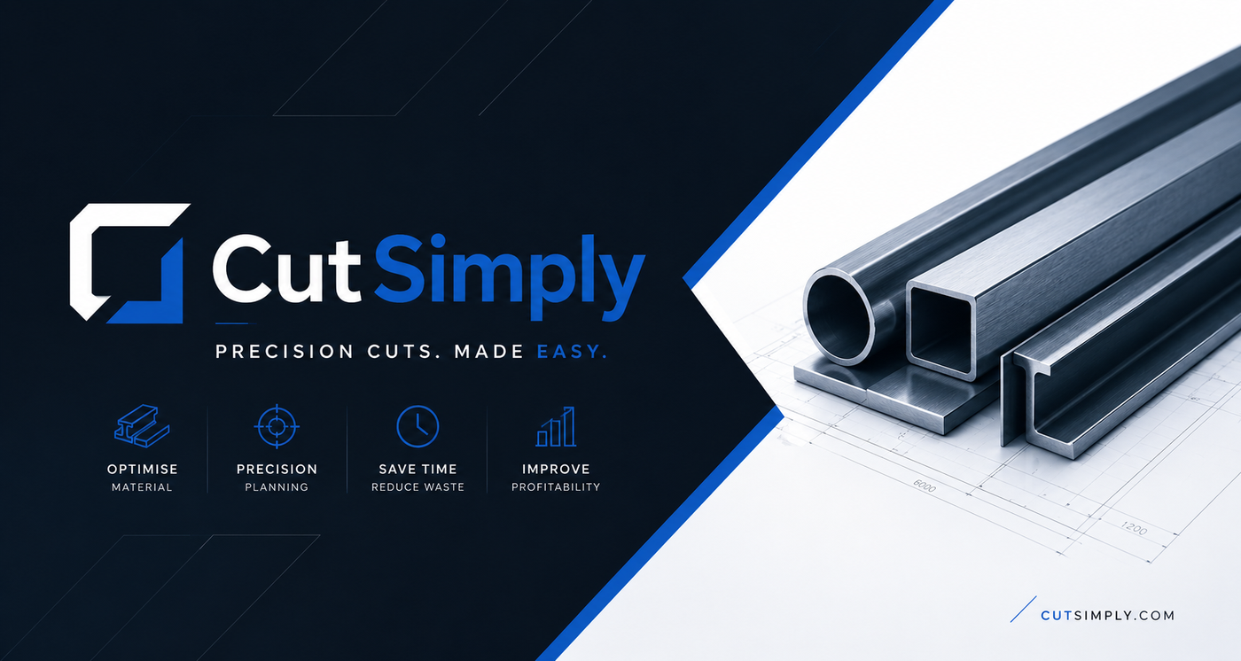 CutSimply banner showing metal sections and planning icons